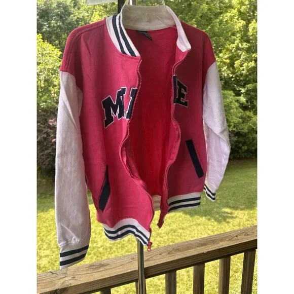 Women Girls Maine Spell Out Varsity Bomber Jacket Barbiecore Full Zip M 44”Chest - Picture 7 of 16